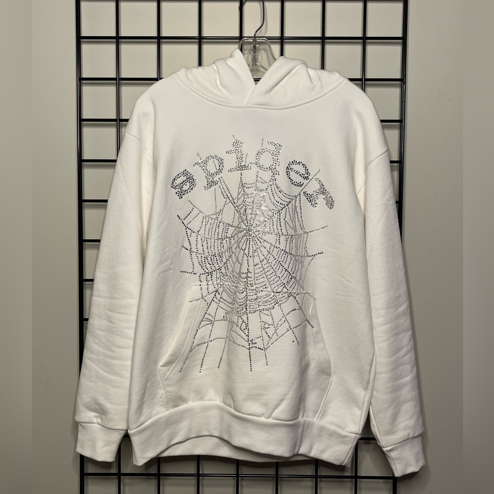Sp5der White Rhinestone Hoodie